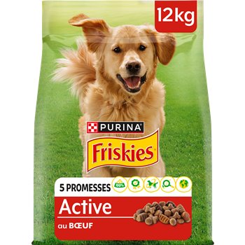 A bag of Friskies Vitafit dog food with a picture of a golden retriever on the front. The bag is labeled as 12kg and has the Friskies logo along with text highlighting the active dog food formula.