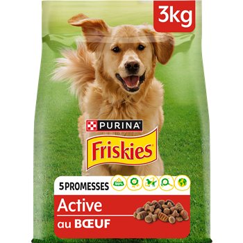 A bag of Friskies Vitafit Dog Food with a picture of a golden retriever on the front.