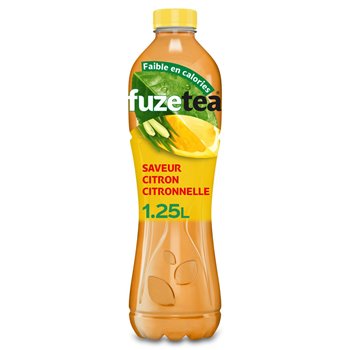 A 1.25L bottle of Fuzetea Citron (lime) tea drink, featuring a yellow cap and a label with lime graphics, on a plain white background.
