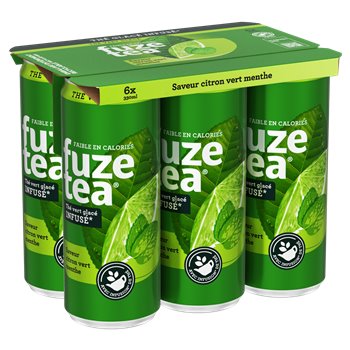 A six-pack of Fuze Tea Zero sugar-free green tea cans in a lime green and white color scheme, featuring lime graphics and the brand name 'fuze tea' on the cans.