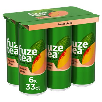 A 6-pack of Fuze Tea Peach flavor cans, featuring green cylindrical cans with peach and leaf graphics, packaged in a matching green cardboard tray.
