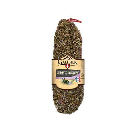 Le Galibier Dry Sausage with Herbs from Provence 200 g, rustic French saucisson covered in aromatic dried herbs, tied with red string, featuring label with Galibier logo and herb imagery.