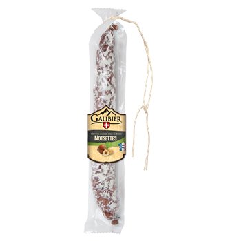 Galibier Dry Sausage with Hazelnuts 200 g in clear packaging, featuring a white cured saucisson with rustic string tie and label showing the Galibier logo and hazelnut illustration.