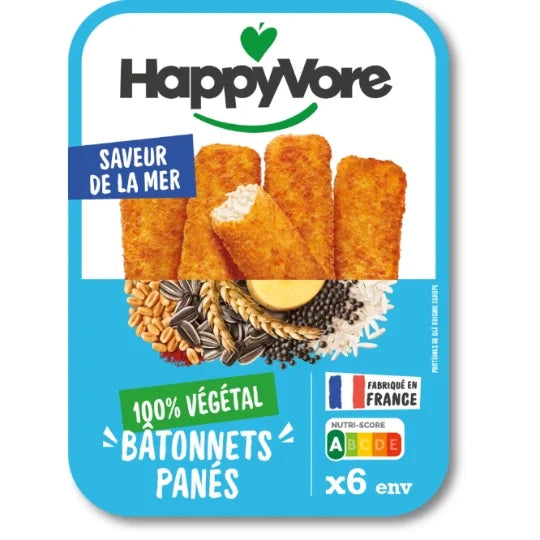 HappyVore 100% plant-based breaded sticks in blue packaging, showing six golden sticks with a flaky interior, labelled as sea-flavoured and made in France.
