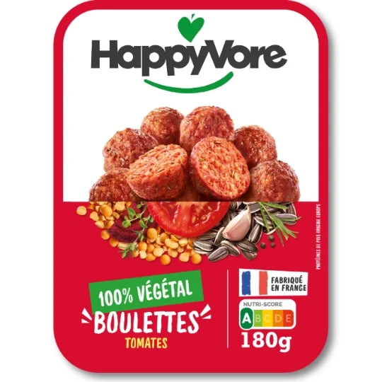 HappyVore 100% plant-based tomato-flavoured vegetable balls in red packaging, featuring cooked veggie balls, tomatoes, herbs, and pulses with Nutri-Score A.

