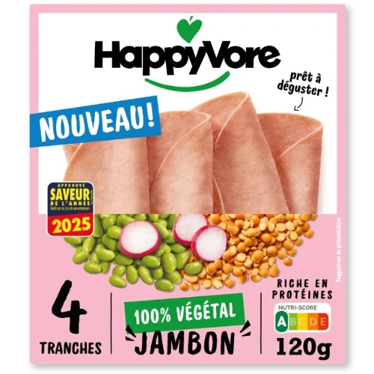 HappyVore 100% vegetable ham packaging with 4 plant-based slices, lentils, edamame, radish, and a Nutri-Score A label on pink background.
