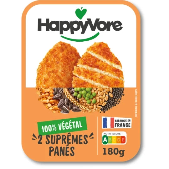 HappyVore 100% plant-based breaded supremes in orange packaging, showing two crispy patties with grains, peas, and seeds, labeled 180g and made in France.
