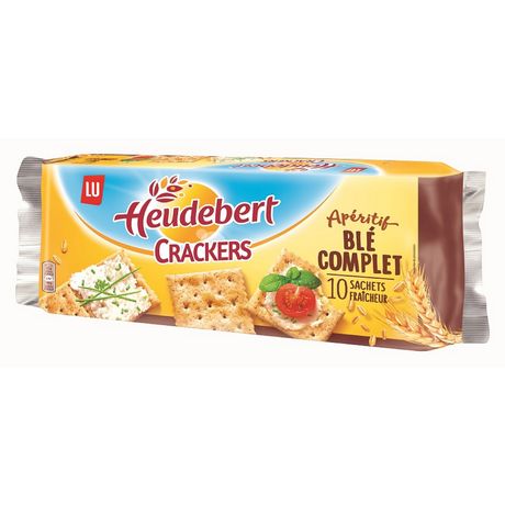 Heudebert Whole Wheat Snack Crackers 250 g box with golden toast slices