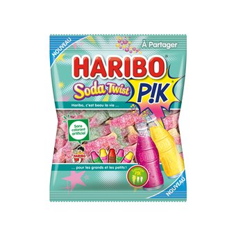 Bag of Haribo Soda Twist Pik Sour Candy 190g with colourful, twisted sour gummies and fizzy sugar coating shown on front.

