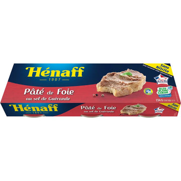 A box of Hénaff 1907 Pâté de Foie au sel de Guérande, featuring a dark blue and red packaging design with a photo of the prepared foie pâté on the front.