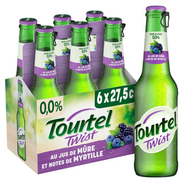 Pack of six 27.5cl Tourtel Twist bottles with purple and blue accents, showing clear glass bottles filled with a lightly tinted sparkling drink, berry illustrations on the labels, and the Tourtel Twist logo prominently displayed.