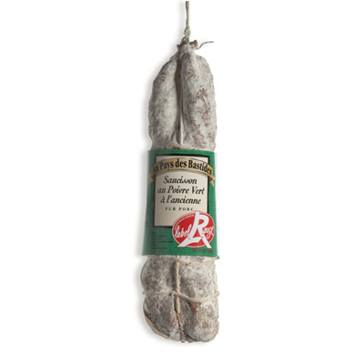 Image of “Pays des Bastides” pure pork dry sausage with green pepper. The sausage is tied with rustic string and covered in natural white mold, with a green label reading “Saucisson au Poivre Vert à l’ancienne – Pur Porc” and marked with the red “Label Rouge” quality seal.