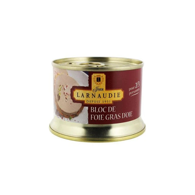 Jean Larnaudie Duck Foie Gras Bloc – 65 g tin of artisanal duck foie gras with visible liver pieces, seasoned with Armagnac and spices.
