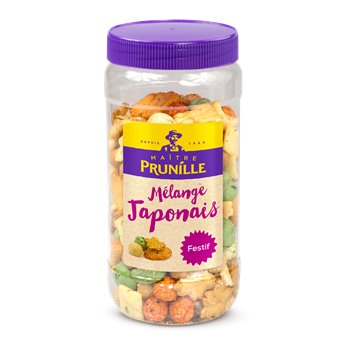 Maître Prunille jar of Mélange Japonais festive snack mix with rice crackers and nuts, in a clear container with a purple lid and label.

