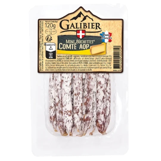 Galibier Mini Bûchettes Comté AOP in vacuum-sealed tray, showing white-mould dry sausages with French pork label and Comté cheese wedge illustration.
