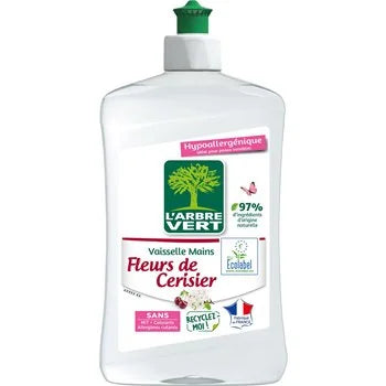 A bottle of L'Arbre Vert hypoallergenic hand cleaner for flowers and trees, featuring a white bottle with a green cap and a detailed multicolor label.