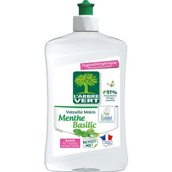 A bottle of L'Arbre Vert Vaisselle Mains Menthe Basileic hand wash liquid, featuring a white bottle with a green cap and a detailed green and white label.