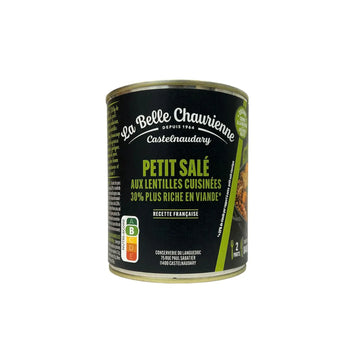 A can of La Belle Chauriennie Petit Salé cat food, featuring a black label with green and white text, set against a plain white background.