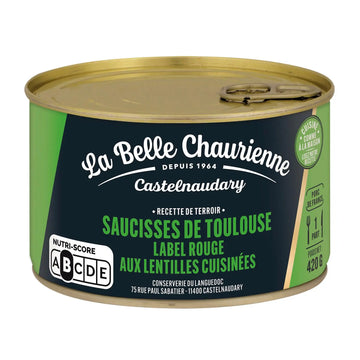 A 420 g can of La Belle Chaurienne Castelnaudary Sauces de Toulouse Label Rouge cooked lentil sausages, featuring a dark green and light green label with white and green text, and a gold metal lid.