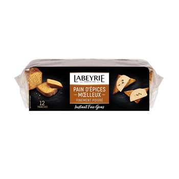 150g pack of Labeyrie Gingerbread Special for Foie Gras, featuring a rectangular loaf wrapped in clear packaging with a black and gold label, showing slices of soft brown gingerbread paired with foie gras imagery.