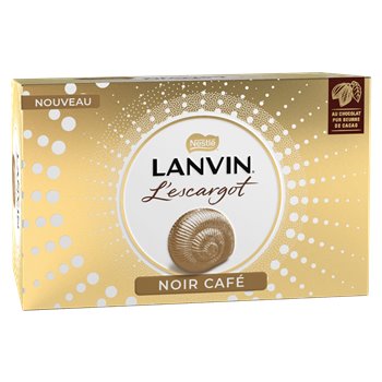 Lanvin Escargots Noir Café 164 g – French dark chocolate snail-shaped pralines with smooth coffee praliné filling, presented in an elegant gold ballotin box.