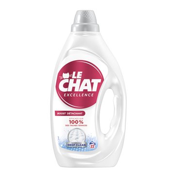 A bottle of Le Chat Excellence laundry detergent on a plain white background. The bottle is white with a prominent red and white label featuring the Le Chat brand logo.