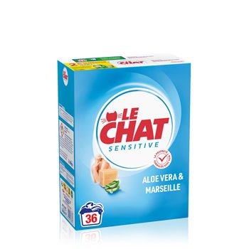 A box of Le Chat Sensitive laundry detergent in Aloe Vera & Marseille scent, featuring a bright blue packaging with red and white branding and a small illustration of a hand and green leaves.