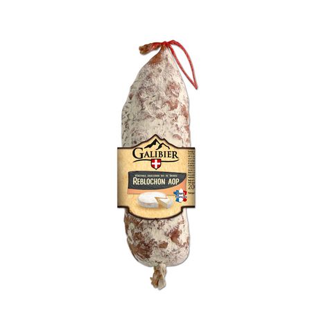 Le Galibier Dry Sausage with AOP Reblochon Cheese 200 g, rustic cured saucisson covered in natural white mould, tied with red string, featuring label showing the Galibier logo and Reblochon cheese image.