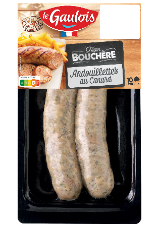 Le Gaulois Duck Andouillettes – 240 g pack of traditional French sausage made with pork offal and duck meat, ready for grilling.


