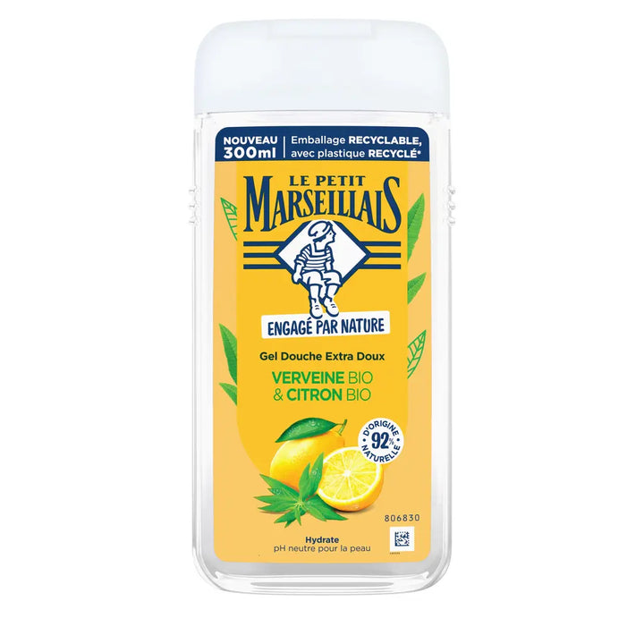 A 300ml bottle of Le Petit Marseillais Gel Douche Extra Doux, Verveine Bio & Citron Bio (soft cleansing gel with lemon and lavender). The product features a bright yellow label with illustrations of lemons, lavender flowers, and green leaves, and a white cap, set against a plain white background.