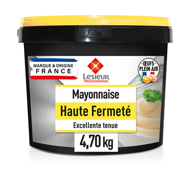 Lesieur Professionnel Mayonnaise Haute Fermeté 4.7 kg tub with yellow lid, French origin label, and cage-free egg badge.
