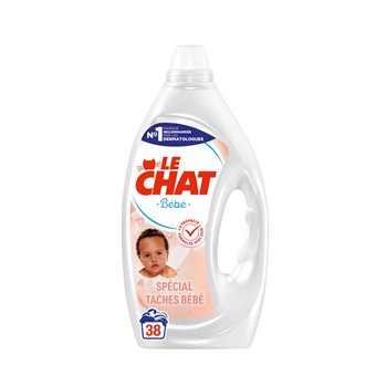 A bottle of Le Chat Baby Special Taches Baby laundry detergent, featuring a white bottle with a clear cap and a label showing a baby's face and red brand lettering.