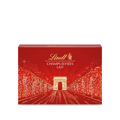 Lindt Champs-Élysées Milk Chocolate Assortment 482g festive gift box filled with assorted premium milk chocolates.