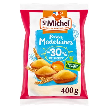 Packaging of Madeleine St Michel -30% Sugar 400g, featuring golden madeleines with wheat and egg illustrations, a red and white colour scheme, and labels highlighting “-30% de sucres” (30% less sugar) and “sans huile de palme” (no palm oil).