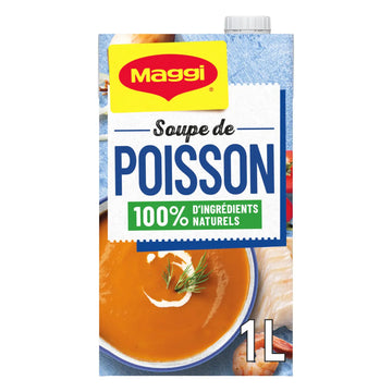 A 1-liter carton of Maggi Soupe de Poisson (fish soup) on a plain white background. The packaging features the red Maggi logo, blue and white text, and an image of a bowl of orange-colored fish soup.