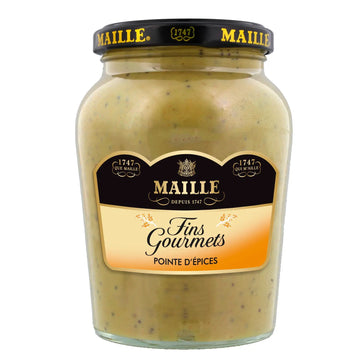 A glass jar of Maille Fins Gourmets Pointe d'épices mustard sauce, featuring a black lid with gold lettering and a black and gold label, set against a plain white background.
