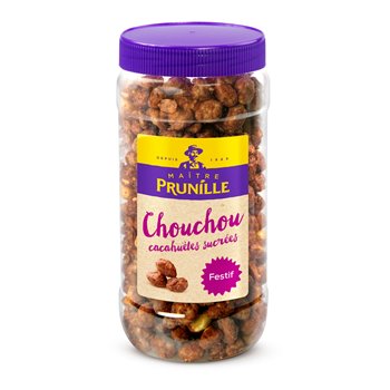 Jar of Maître Prunille Chouchou Sweet Peanuts (500g) with a purple lid and yellow label, featuring caramelised peanuts inside.