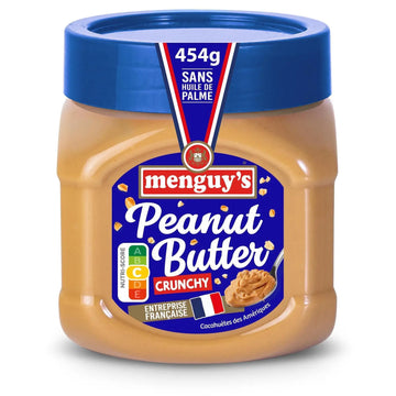 A jar of Menguy's Peanut Butter Crunchy, 454g, with a blue lid and a blue, red, and white label on a white background.
