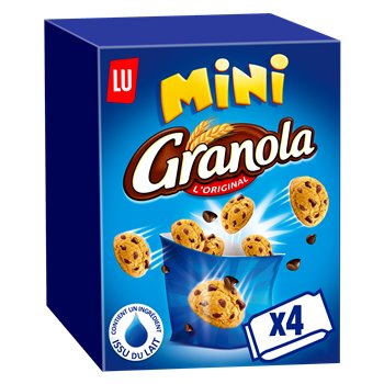 Lu Mini Granola Chocolate Chip Cookies 160g pack showing crisp bite-sized oat cookies with chocolate chips.
