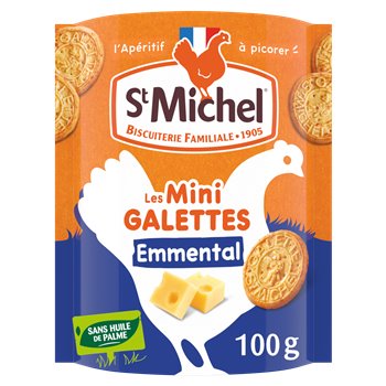 Packaging of St Michel Mini Galettes Emmental 100g featuring an orange and blue design with images of round savoury biscuits, cubes of Emmental cheese, and the St Michel logo inside a white chicken silhouette. The label includes “sans huile de palme” (no palm oil).