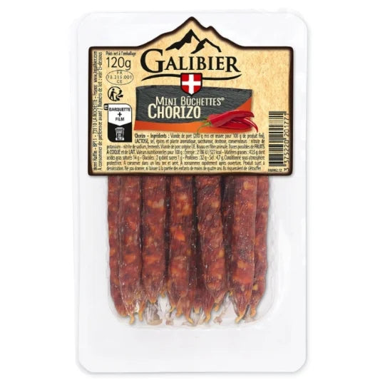 Galibier Mini Bûchettes Chorizo in clear tray packaging with wood-style label, showing spicy mini dry sausages made from French pork, 120g pack.

