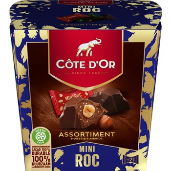 Box of Côte d’Or Mini Roc Mix 195 g – assorted Belgian chocolaty ganache bites with hazelnut and crunchy flakes.