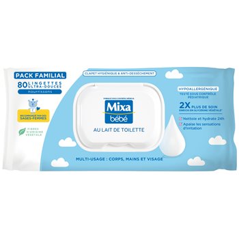 Mixa Baby Milk Wipes pack of 80 — hypoallergenic wipes enriched with milk proteins, gentle for baby’s face, body, and diaper area.
