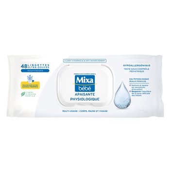 Mixa Baby Physio Wipes pack of 48 — hypoallergenic, alcohol-free wipes for delicate baby skin, enriched with moisturising agents.