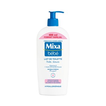 Mixa Baby Very Gentle Cleansing Milk 400 ml bottle — hypoallergenic no-rinse baby cleanser with almond oil and vitamin E, suitable for sensitive skin.