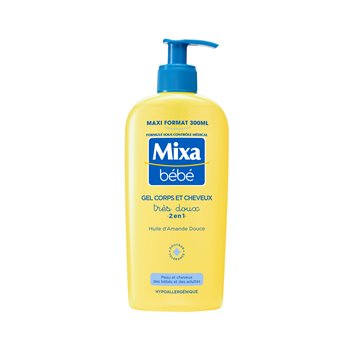 Mixa Baby Very Gentle Shower Gel 300 ml bottle — hypoallergenic 2-in-1 body & hair cleanser for babies, soap-free and pH neutral, gentle formula.