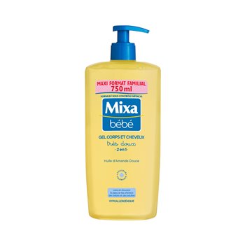 Mixa Baby Very Gentle Shower Gel 750 ml pump bottle — hypoallergenic 2-in-1 body and hair cleanser for babies, soap-free, pH-neutral, gentle formula.