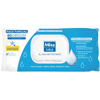Mixa Baby Cleansing Water Wipes pack of 80 — extra-soft, hypoallergenic wipes infused with cleansing water, designed for baby’s delicate skin.