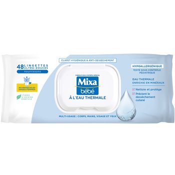 Mixa Baby Mineral Water Wipes pack of 48 — hypoallergenic wipes with mineral water, designed for gentle cleansing of baby’s sensitive skin.