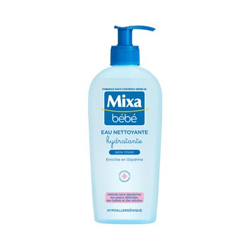 Mixa Bébé Moisturizing Cleansing Water 250 ml bottle with pump dispenser — hypoallergenic baby cleanser enriched with glycerin, no-rinse formula for delicate skin.